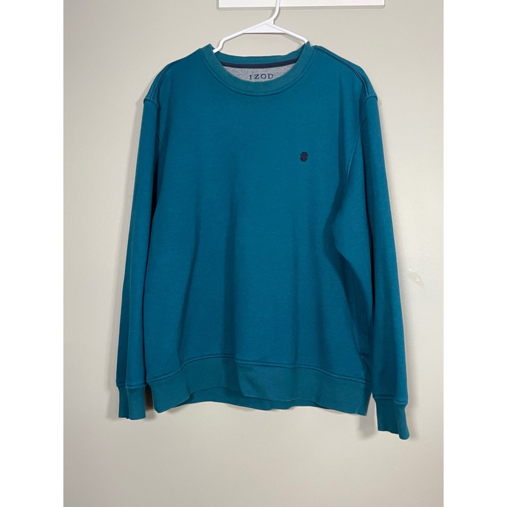 IZOD Sweatshirt Men Large Teal Blue Excellent Advantage Fleece Crew Neck Logo